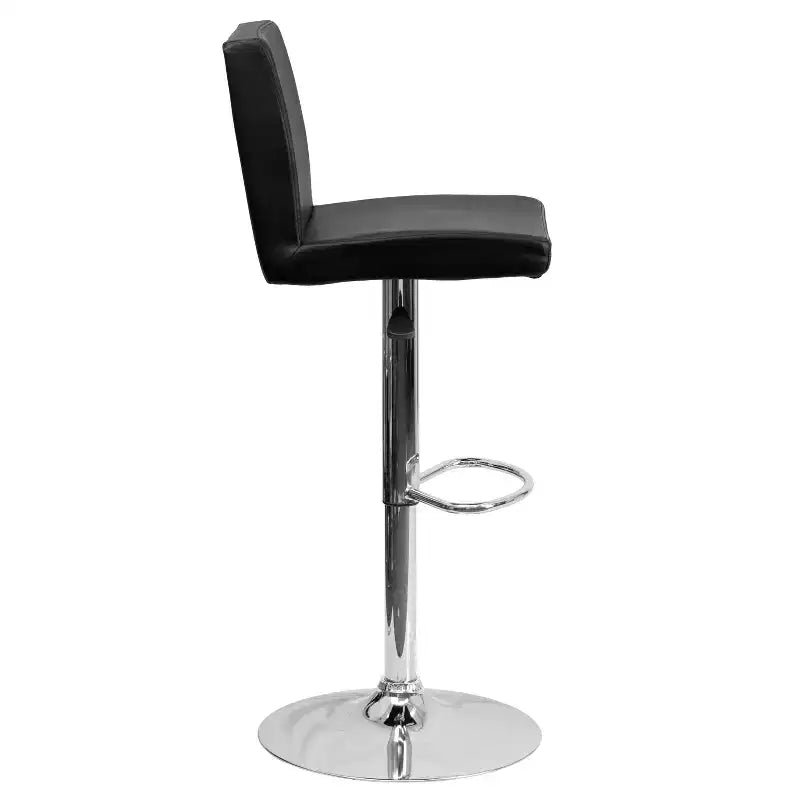 Taburete de bar de altura regulable con respaldo de panel y base cromada, vinilo negro, juego de 2