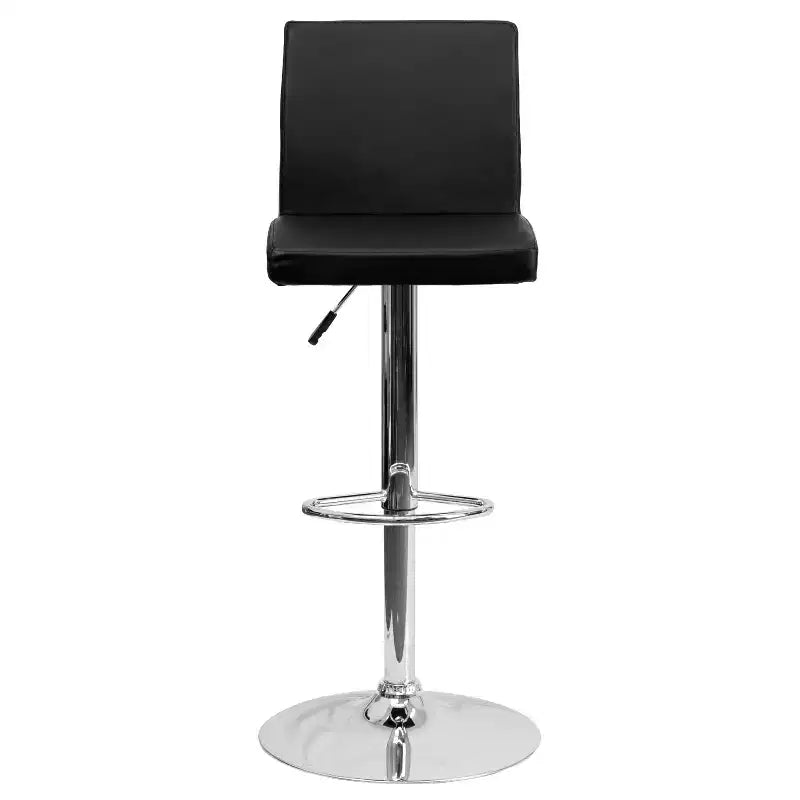 Taburete de bar de altura regulable con respaldo de panel y base cromada, vinilo negro, juego de 2
