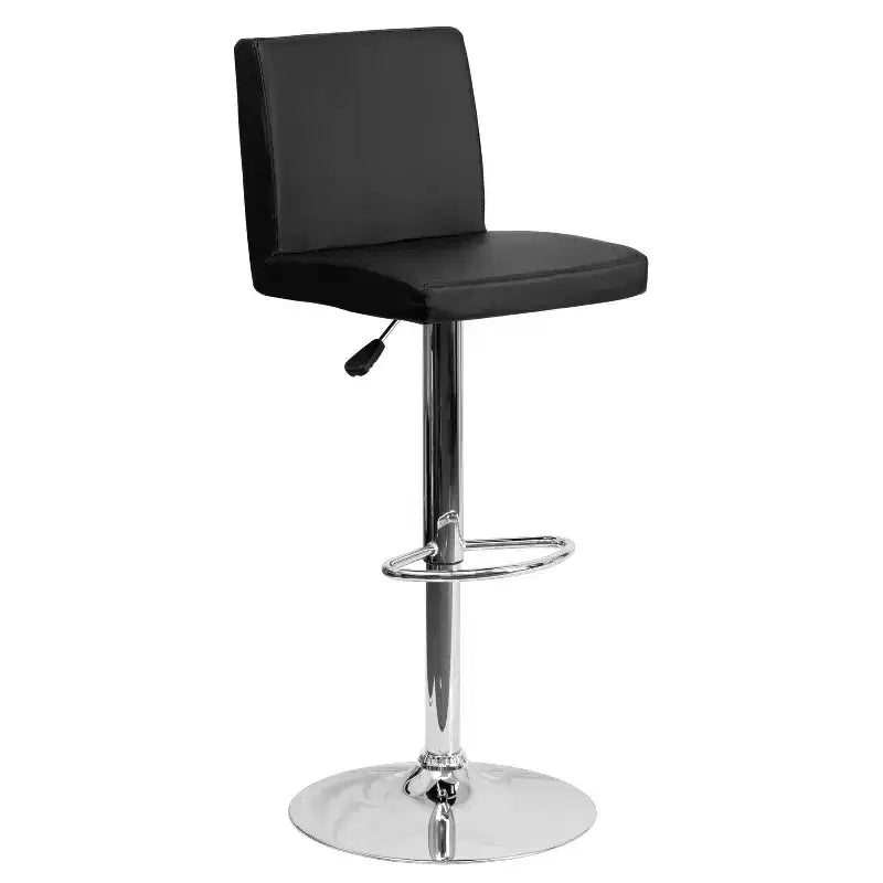 Taburete de bar de altura regulable con respaldo de panel y base cromada, vinilo negro, juego de 2