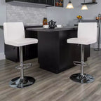 Taburete de bar de altura regulable con respaldo de panel y base cromada, vinilo negro, juego de 2