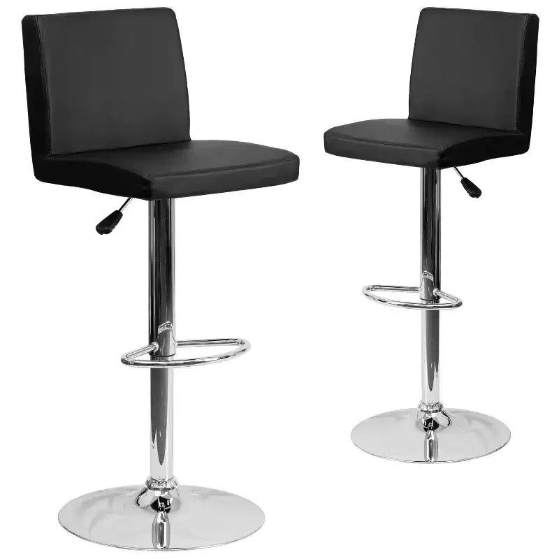 Taburete de bar de altura regulable con respaldo de panel y base cromada, vinilo negro, juego de 2