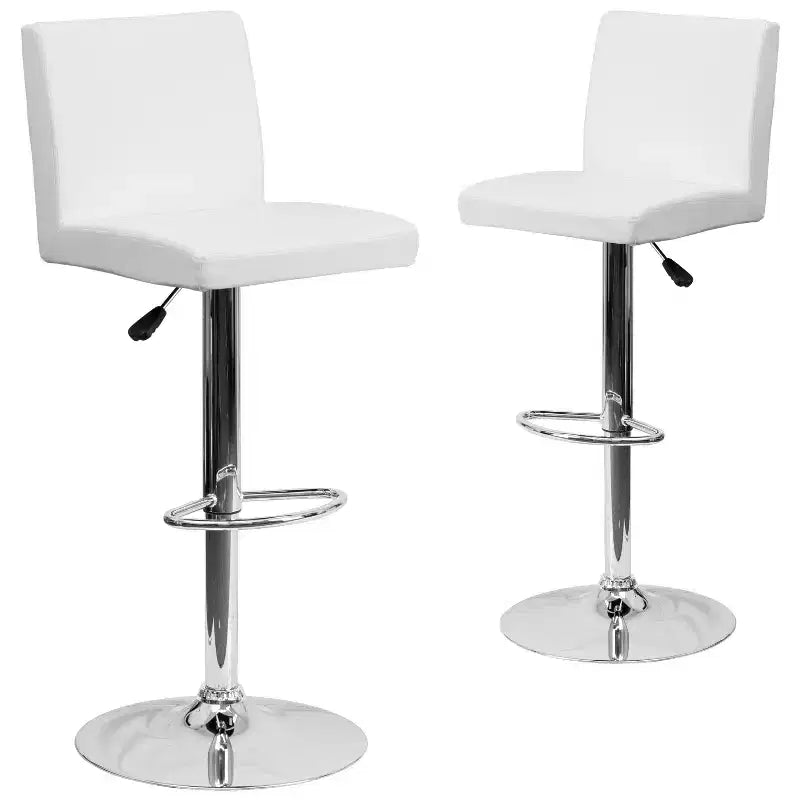 Taburete de bar de altura regulable con respaldo de panel y base cromada, vinilo negro, juego de 2