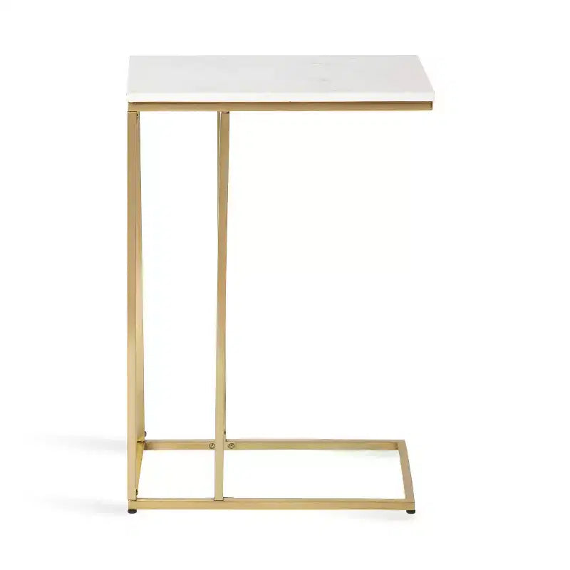 Mesa auxiliar en C Modern Glam con tapa de mármol blanco y estructura de metal dorado, 26.5" de alto