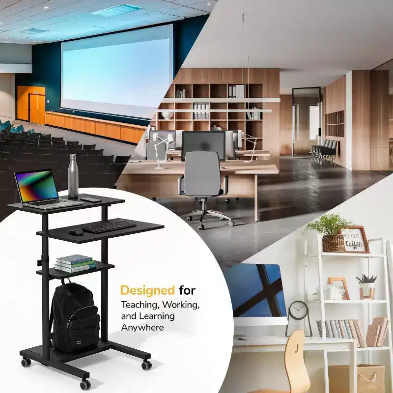 Escritorio de Pie Móvil Ajustable en Altura con Ruedas con Freno, 4 Estantes, Capacidad de 60 kg, Negro
