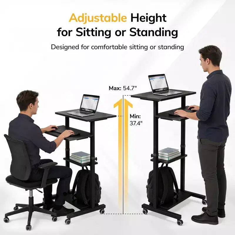 Escritorio de Pie Móvil Ajustable en Altura con Ruedas con Freno, 4 Estantes, Capacidad de 60 kg, Negro