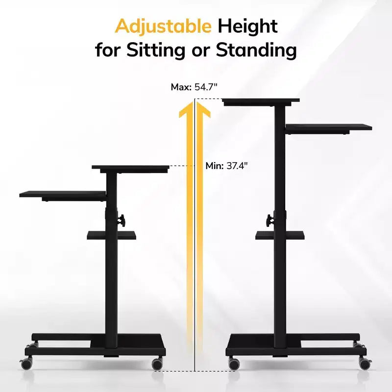 Escritorio de Pie Móvil Ajustable en Altura con Ruedas con Freno, 4 Estantes, Capacidad de 60 kg, Negro
