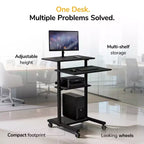 Escritorio de Pie Móvil Ajustable en Altura con Ruedas con Freno, 4 Estantes, Capacidad de 60 kg, Negro