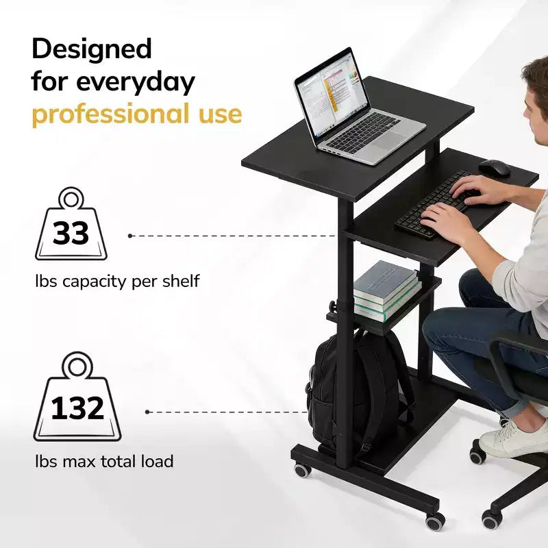Escritorio de Pie Móvil Ajustable en Altura con Ruedas con Freno, 4 Estantes, Capacidad de 60 kg, Negro