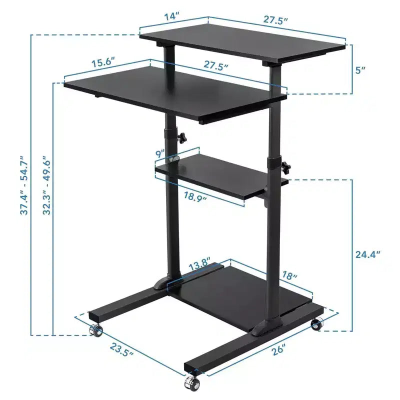 Escritorio de Pie Móvil Ajustable en Altura con Ruedas con Freno, 4 Estantes, Capacidad de 60 kg, Negro
