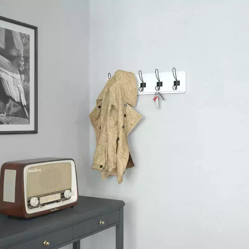 Perchero de pared con 5 ganchos dobles, madera maciza de pino, blanco, 61 cm de ancho