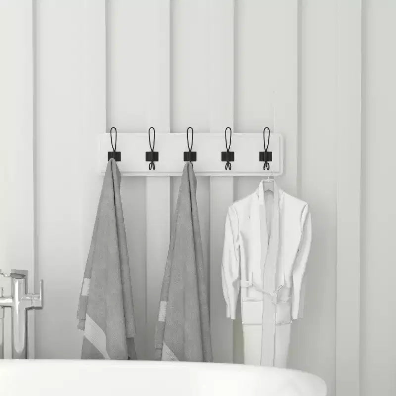 Perchero de pared con 5 ganchos dobles, madera maciza de pino, blanco, 61 cm de ancho