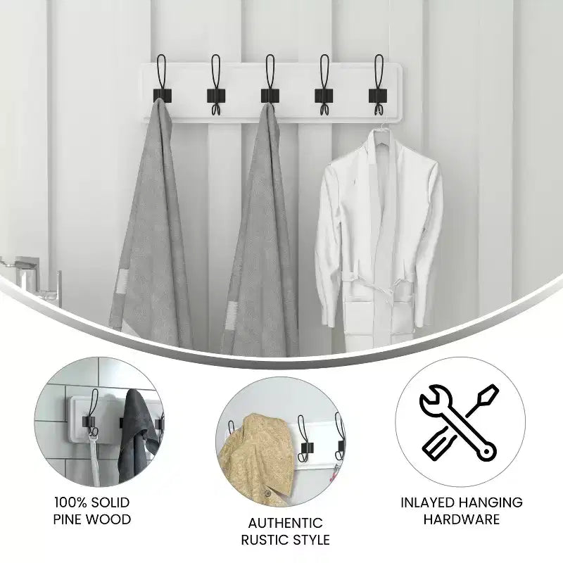 Perchero de pared con 5 ganchos dobles, madera maciza de pino, blanco, 61 cm de ancho