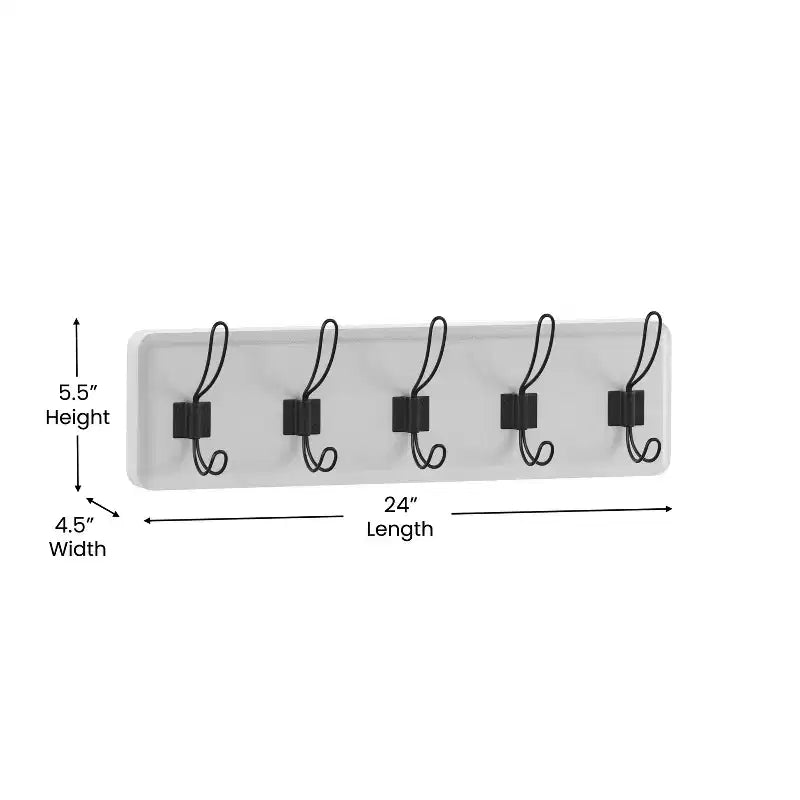 Perchero de pared con 5 ganchos dobles, madera maciza de pino, blanco, 61 cm de ancho